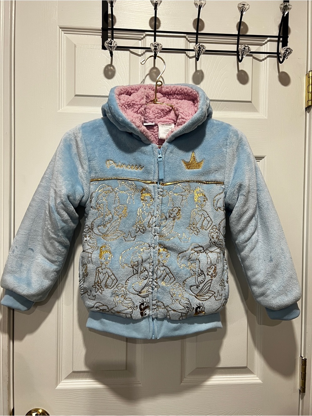 Disney Princess Pink Plush Hoodie Jacket Kids Faux Sherpa Lining Size 7 Kids